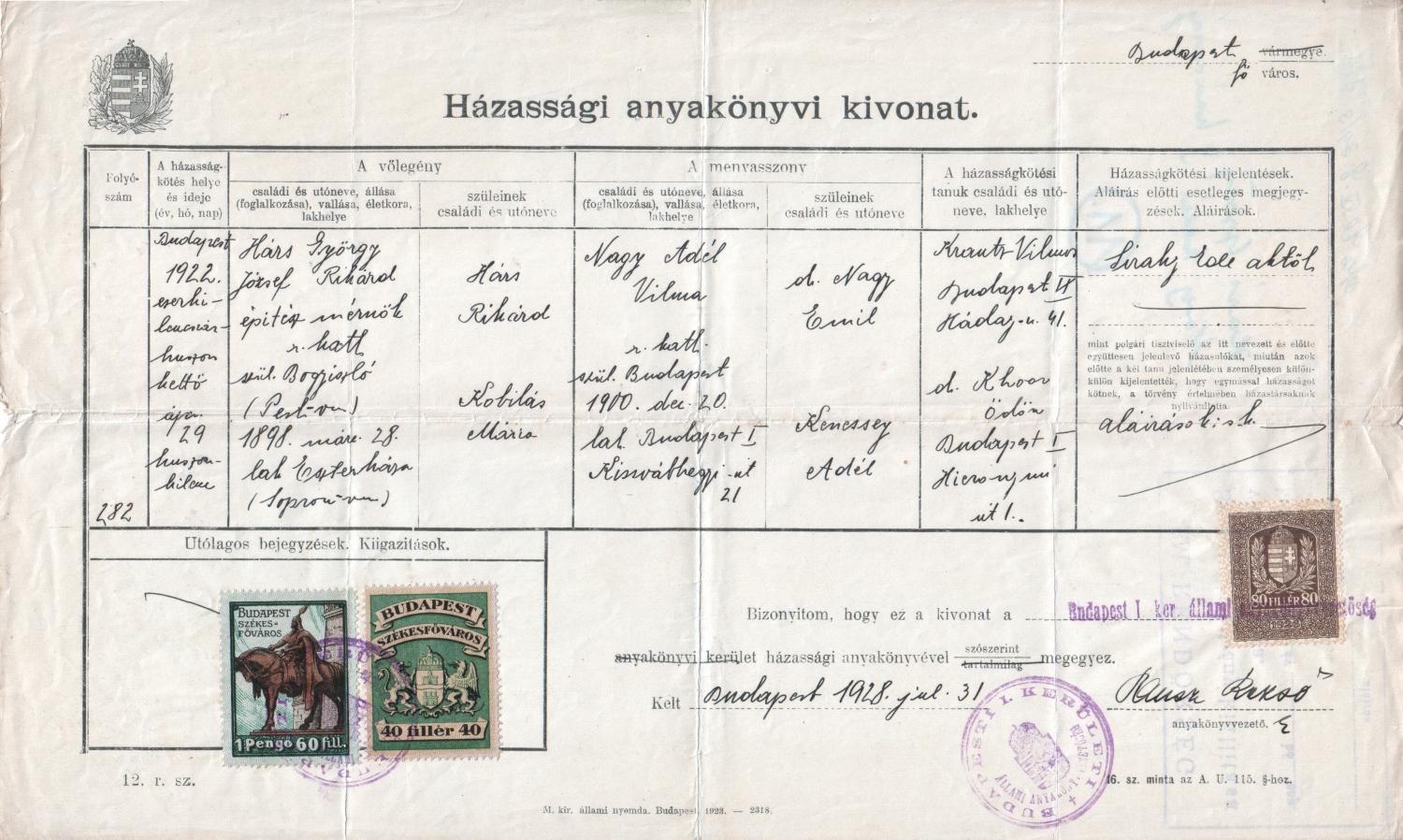 Hárs György és Nagy Adél házassági anyakönyvi kivonata